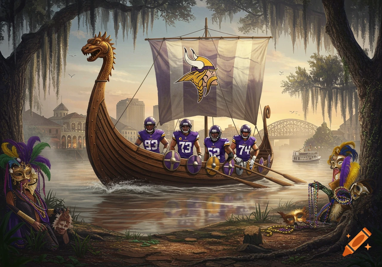 Minnesota Vikings football players in a Viking longboat row through a bayou in New Orleans, surrounded by Mardi Gras masks and beads.