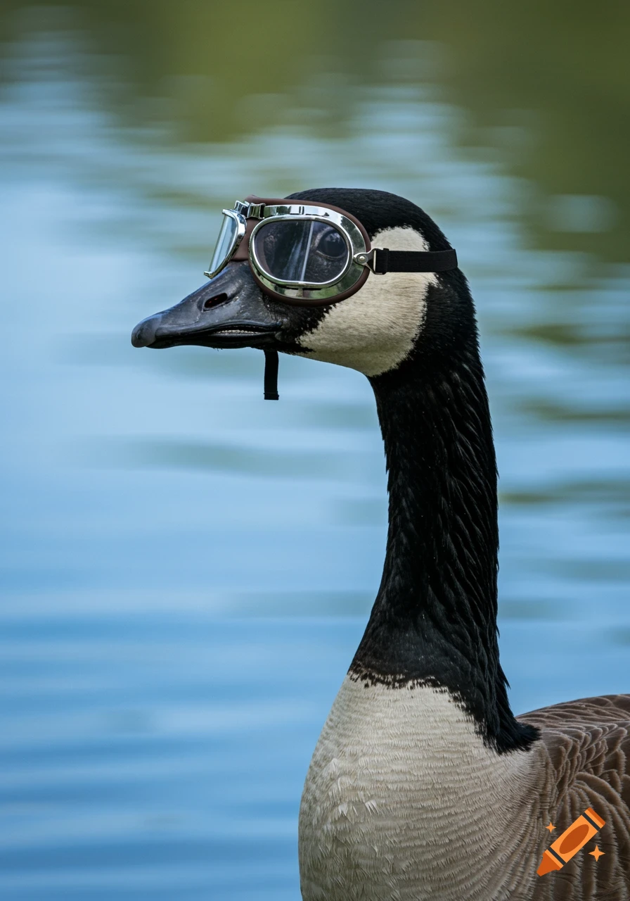 A close-up, photorealistic image of a Canadian goose wearing aviator goggles, with a blurred blue and green water background.