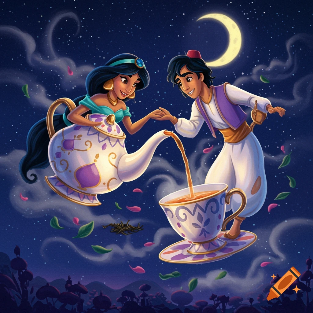 Jasmine as a teapot pours tea into a teacup with Aladdin, floating under a crescent moon in a magical night sky.