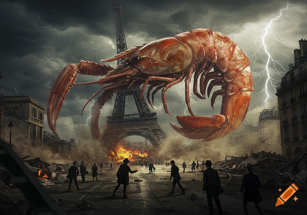 A giant red shrimp monster attacks the Eiffel Tower in a stormy, burning Paris, with people fleeing amidst rubble.