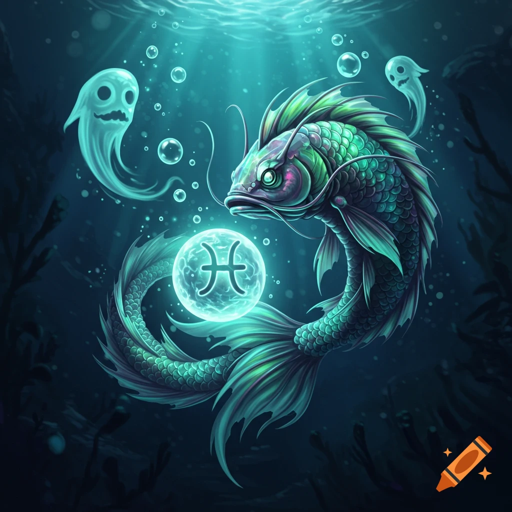 Stylized green and purple fish swimming underwater with a glowing Pisces symbol orb and two small ghosts.