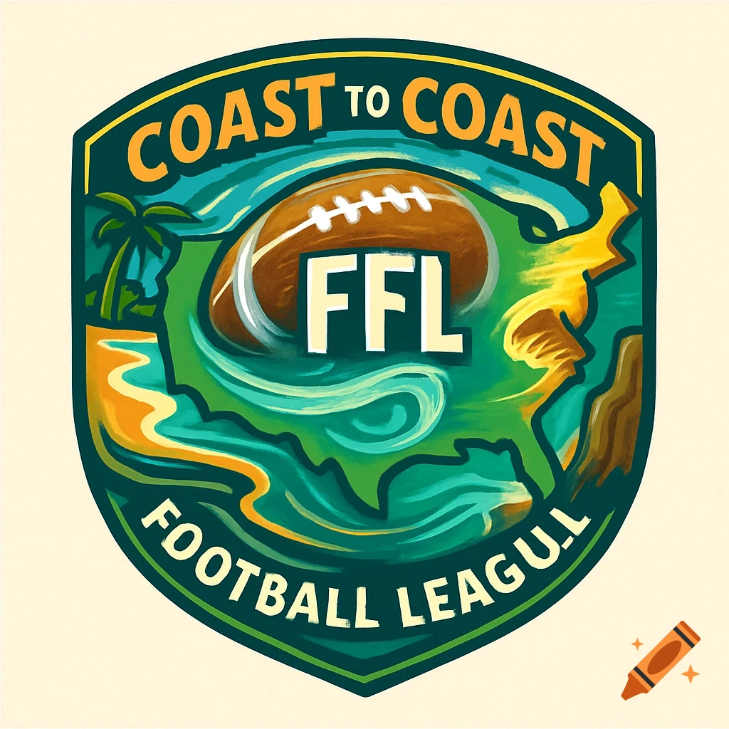 Illustrated logo for a Coast to Coast Football League featuring a USA map, football, palm tree, and mountains.