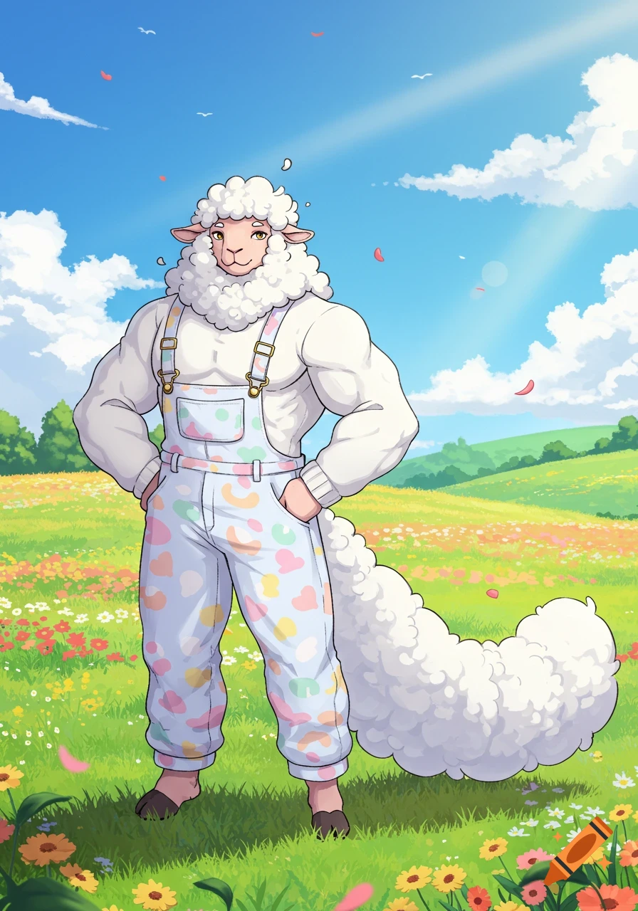 Muscular anime sheep man in a white sweater and colorful overalls stands in a vibrant green field with flowers under a blue sky.