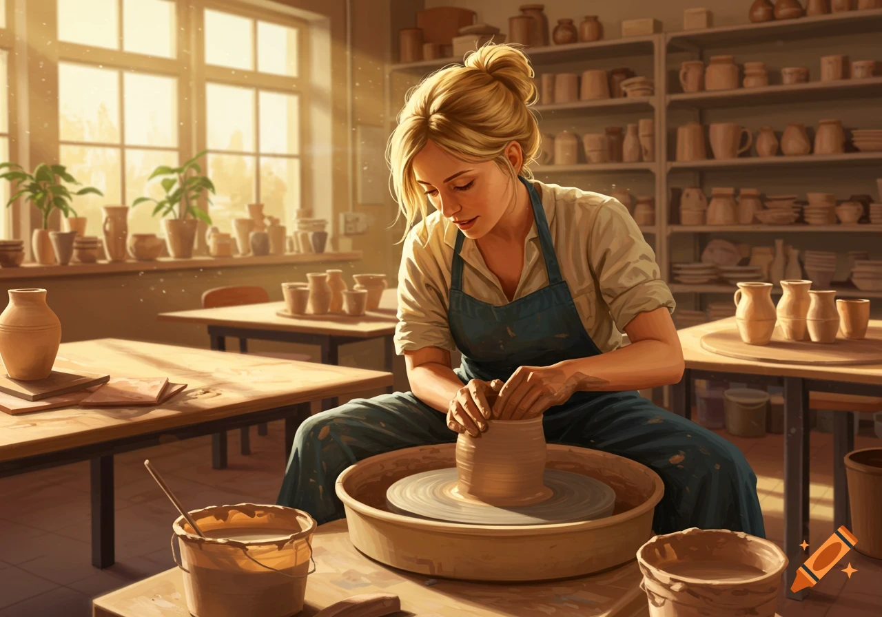 A blonde woman in an apron intently shapes clay on a pottery wheel in a sunlit studio filled with pottery.