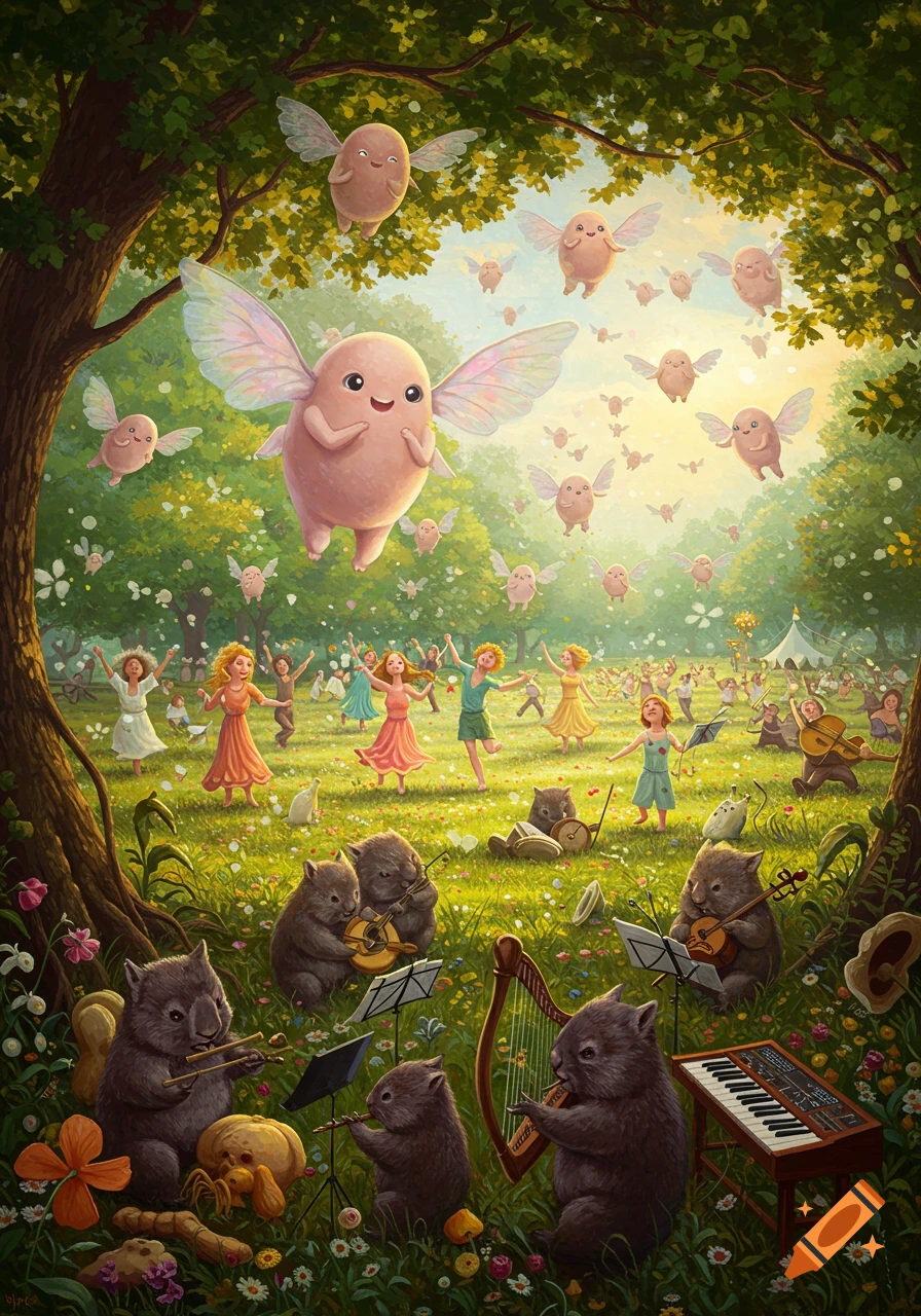 A whimsical outdoor scene with people dancing, flying creatures, and wombats playing musical instruments in a forest clearing.