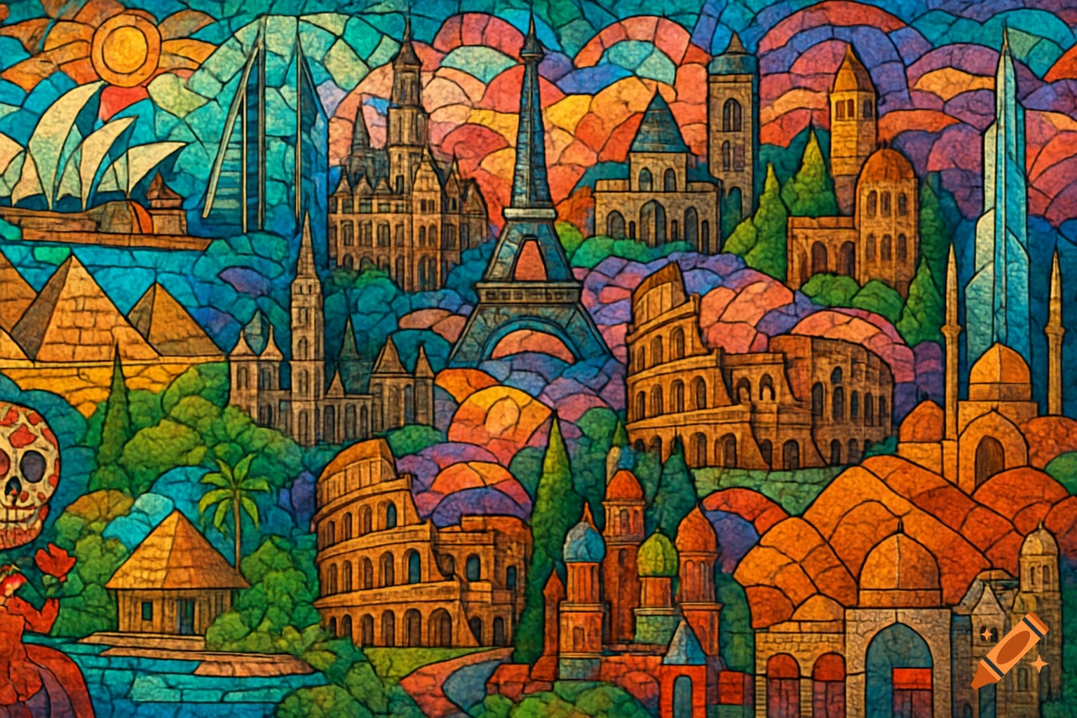 Colorful mosaic of global landmarks including Eiffel Tower, Colosseum, Sydney Opera House, and pyramids.