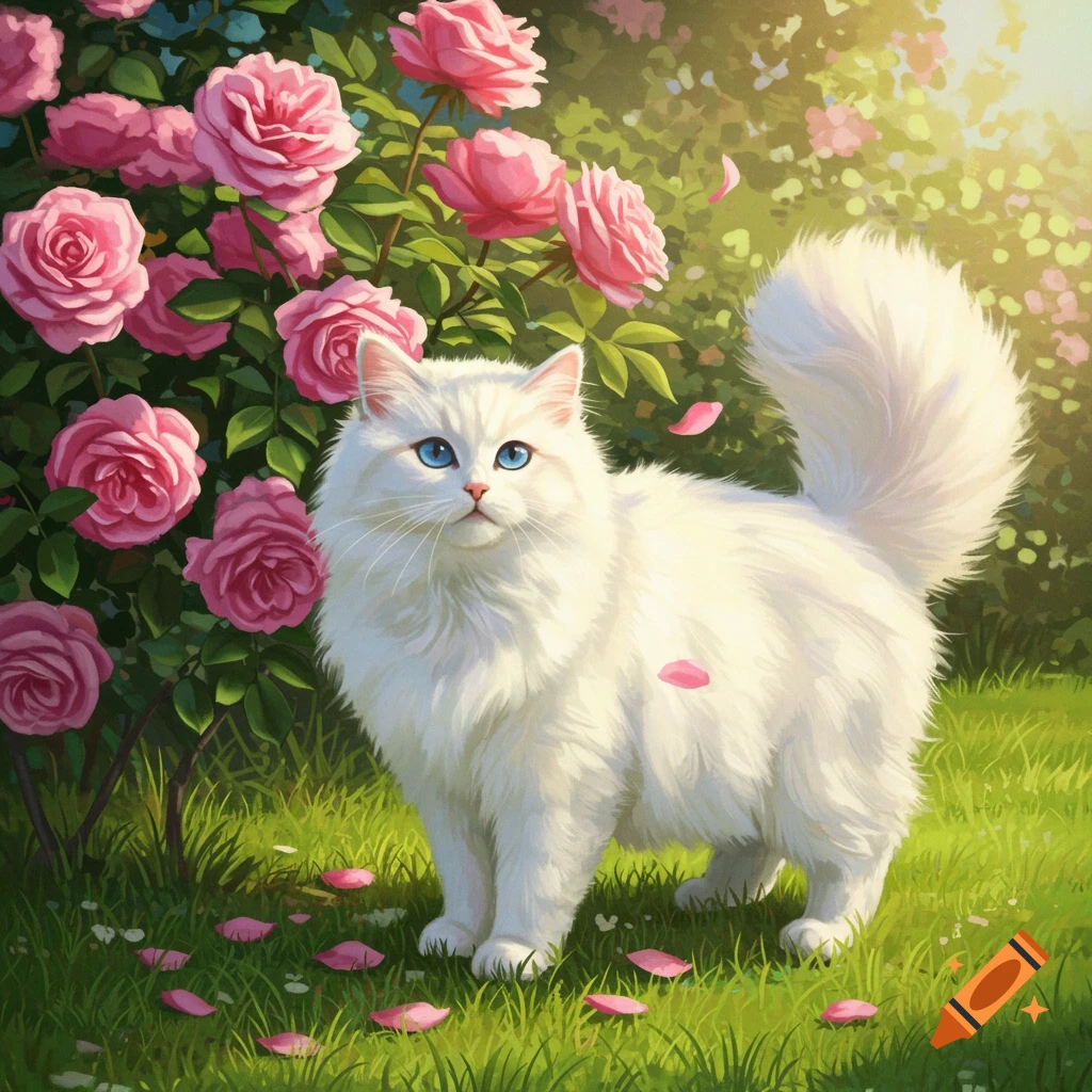 A fluffy white cat with blue eyes stands in green grass next to a pink rose bush, with sunlit foliage in the background.