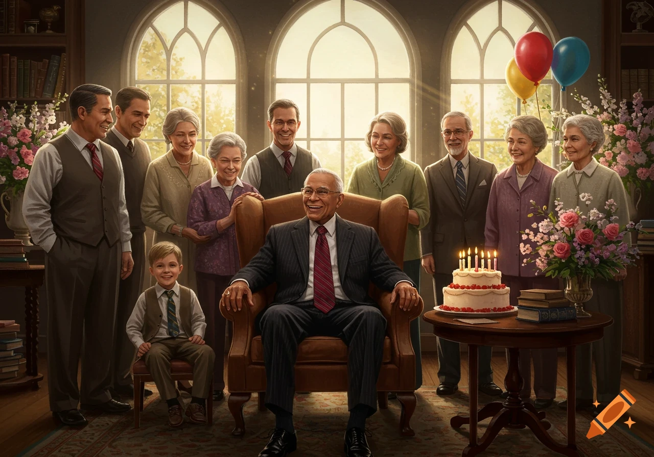 Photorealistic image of a multi-generational family celebrating a birthday, with an older man seated centrally, surrounded by smiling relatives, a cake, balloons, and flowers.
