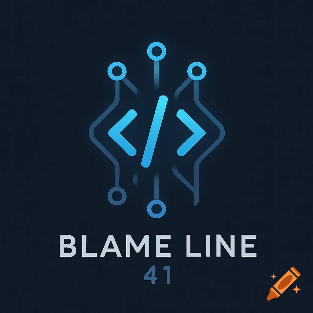 A stylized blue logo featuring code brackets and circuit lines above the text 'BLAME LINE 41' on a dark background.