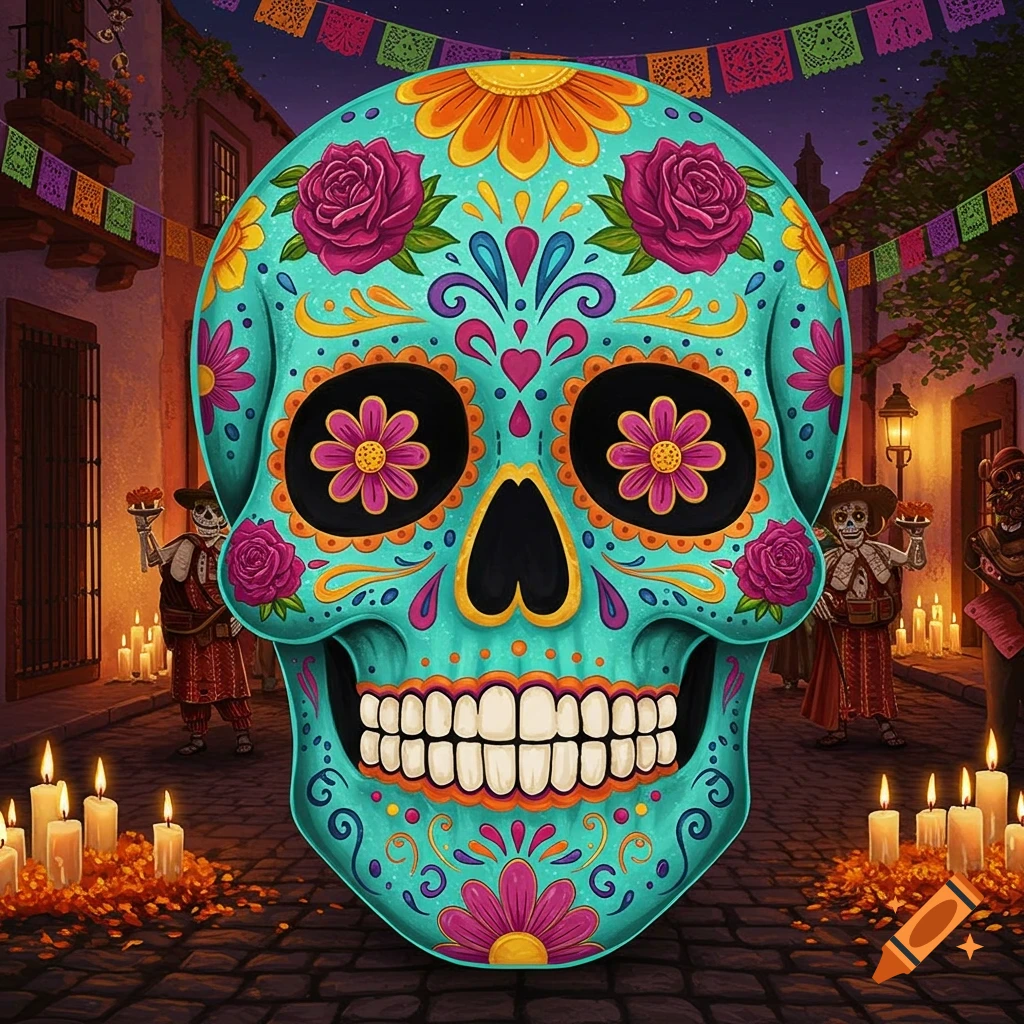 A vibrant, decorated sugar skull sits in the foreground of a festive street scene with skeleton figures, candles, and colorful banners.