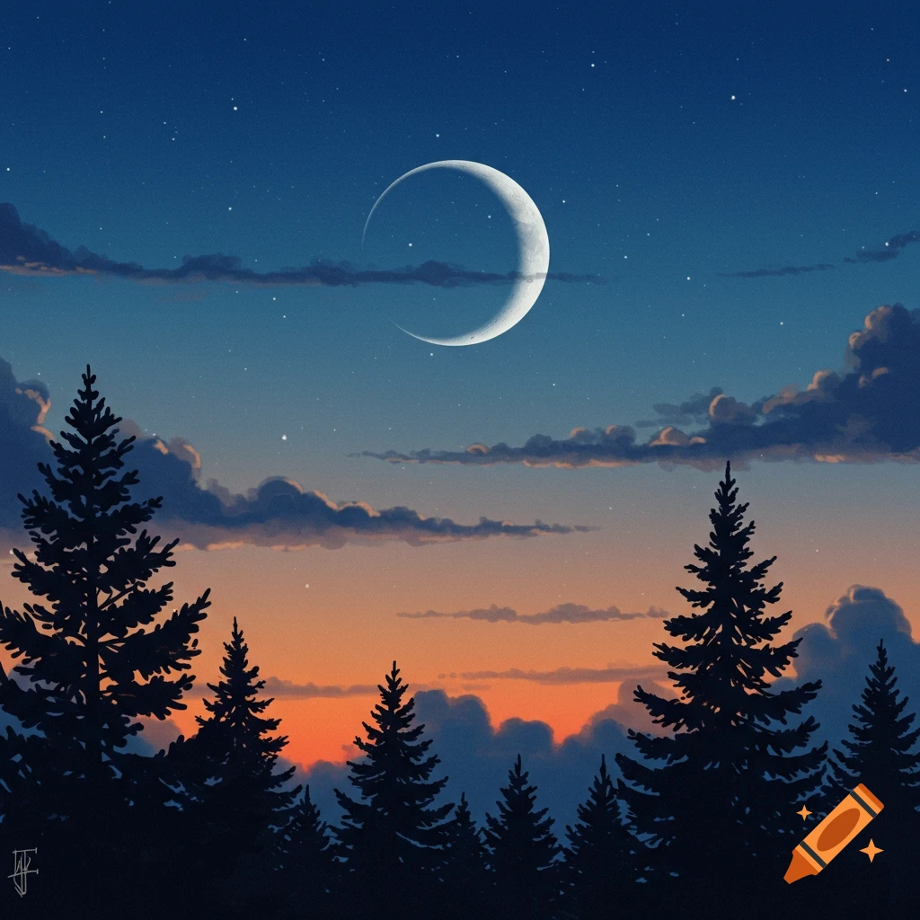 A crescent moon shines brightly in a star-speckled twilight sky above a silhouetted forest of pine trees, with an orange and blue gradient horizon.