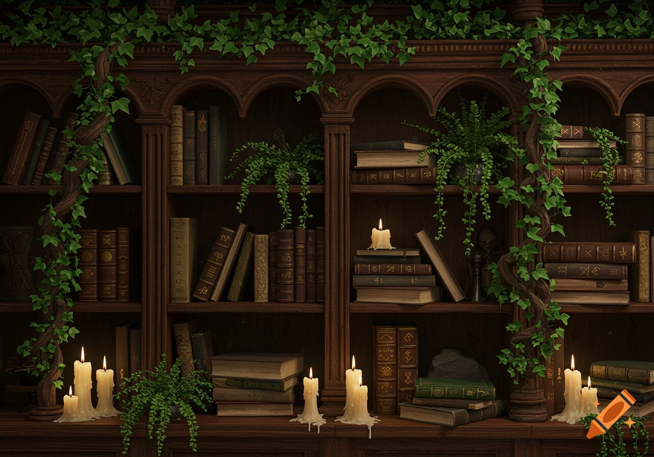 A dark wooden bookshelf filled with ancient books, green ivy, and glowing candles, creating a magical atmosphere.