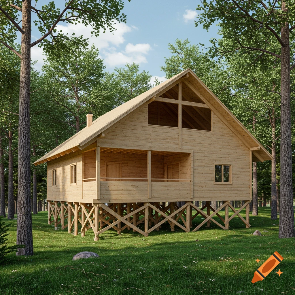 A photorealistic 3D rendering of a rustic wooden house on stilts surrounded by a lush green forest under a blue sky.