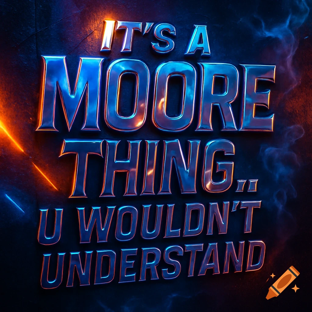 Shiny, metallic blue text reads "IT'S A MOORE THING.. U WOULDN'T UNDERSTAND" against a dark background with orange and blue light streaks.