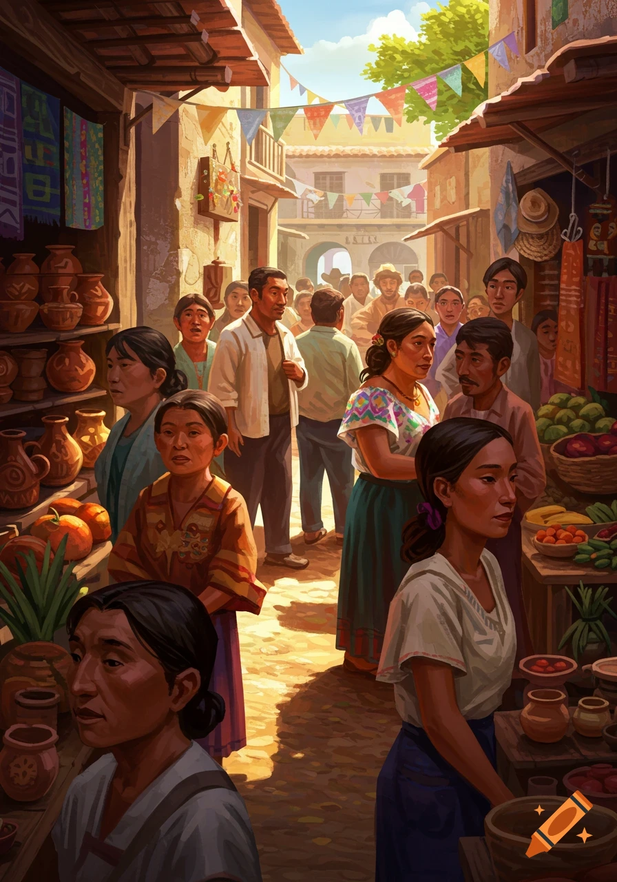 An illustration of a bustling outdoor market scene with people, pottery, and produce under a sunny sky.