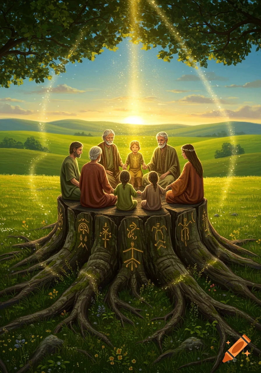 A diverse family group sits on a magical tree stump in a sunlit meadow, surrounded by glowing light and ancient symbols.