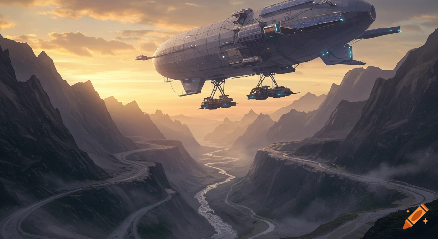 A futuristic cargo zeppelin hovers over a rugged mountainous mining landscape at sunset.