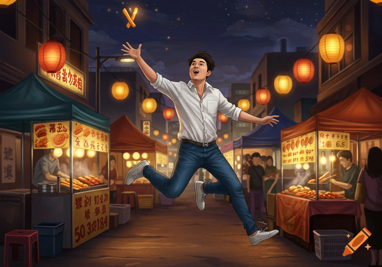A man in a white shirt and jeans leaps in the air, reaching for a glowing french fry, in a bustling night market lit by lanterns and food stalls.