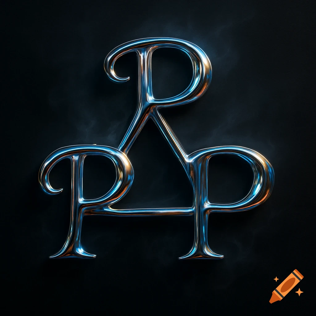 Metallic silver P and R letters intertwined to form a triangular shape on a dark background.