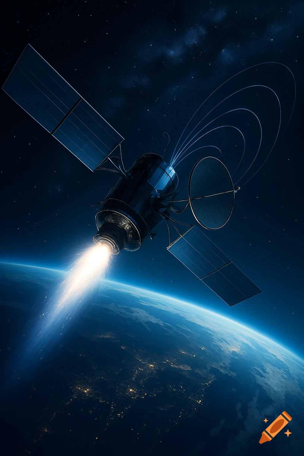A photorealistic image of a satellite firing its thrusters while orbiting Earth, with city lights visible below.