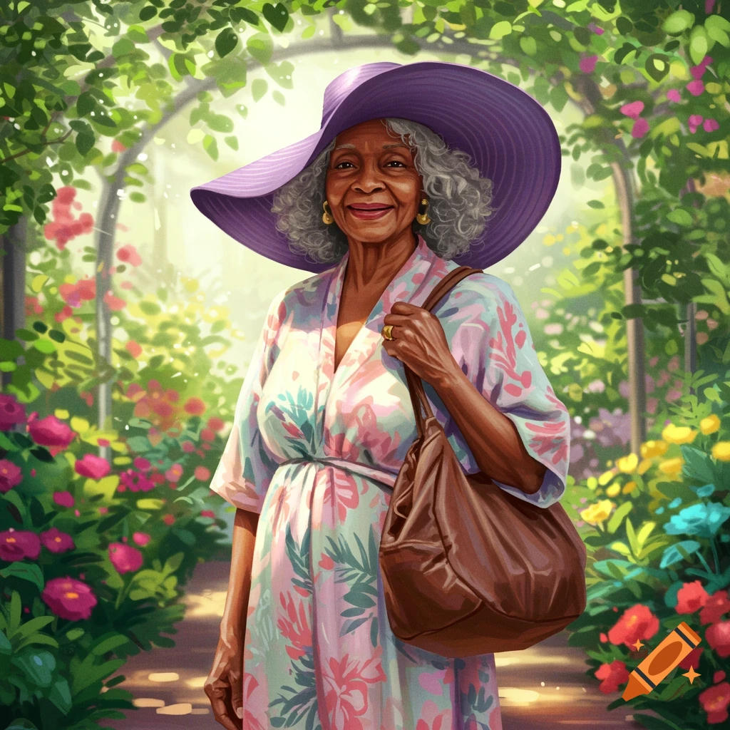 A smiling elderly Black woman in a purple sun hat and floral muumuu, carrying a handbag, stands in a vibrant garden with flowers.