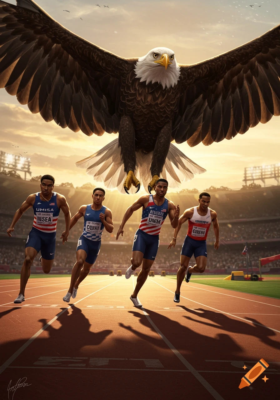 A giant bald eagle flies over four male sprinters racing on a track in a stadium at sunset.
