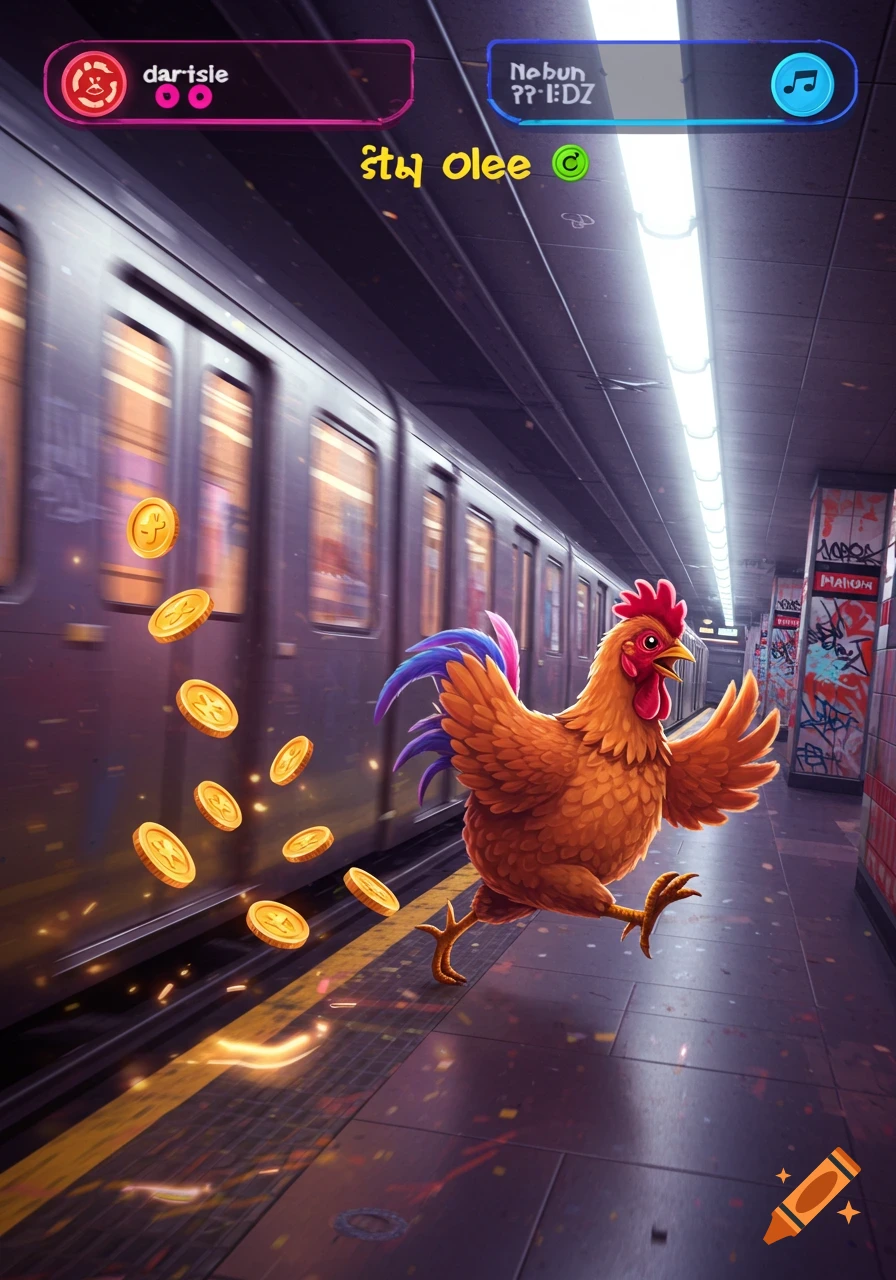 A cartoon chicken with purple and blue tail feathers runs on a subway platform next to a moving train, with gold coins floating behind it and game-like UI elements at the top. The scene is vibrant and stylized.