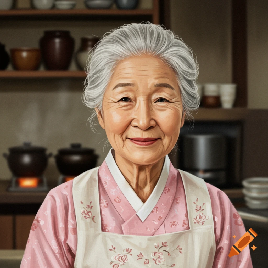 A smiling elderly Korean woman with gray hair wearing a pink traditional top and white apron in a kitchen.