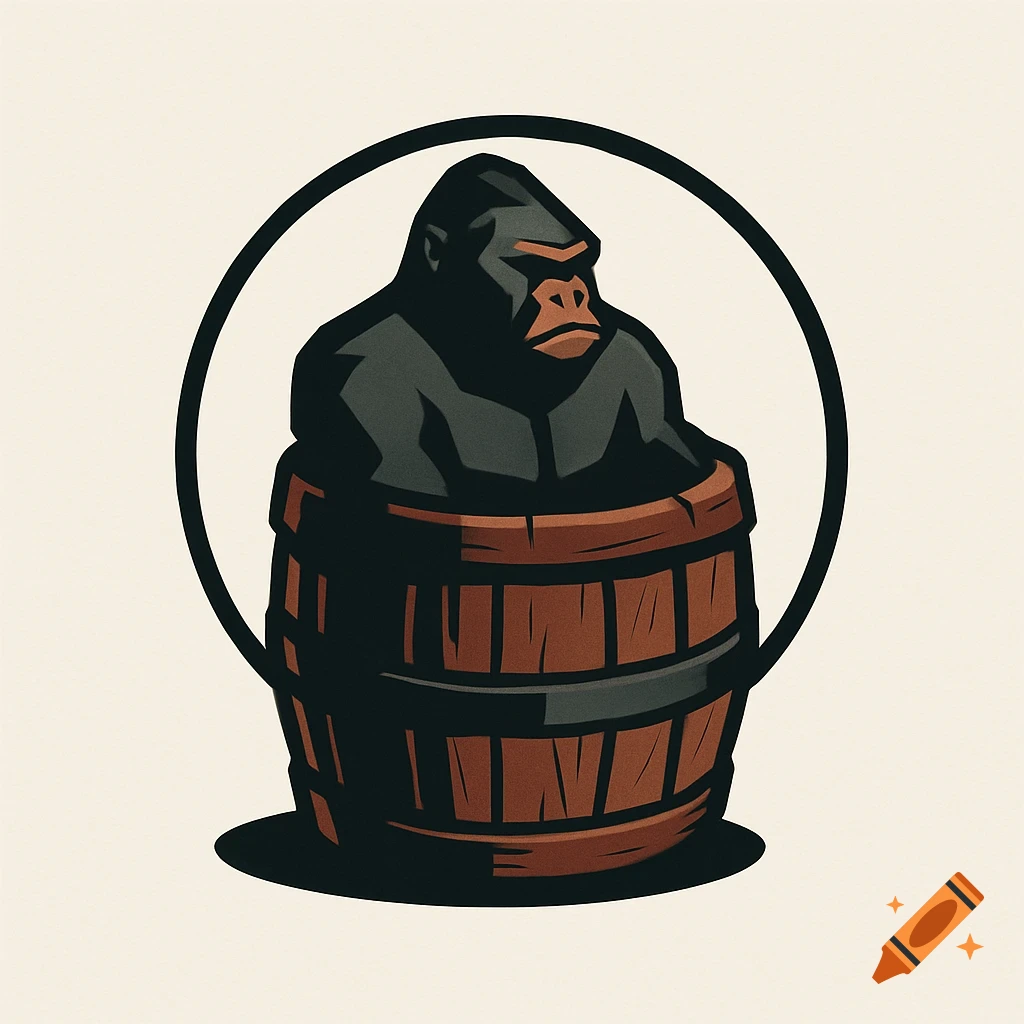 A stylized black gorilla with an orange face peering out of a brown wooden barrel, depicted as a logo with a black circle outline on a light background.