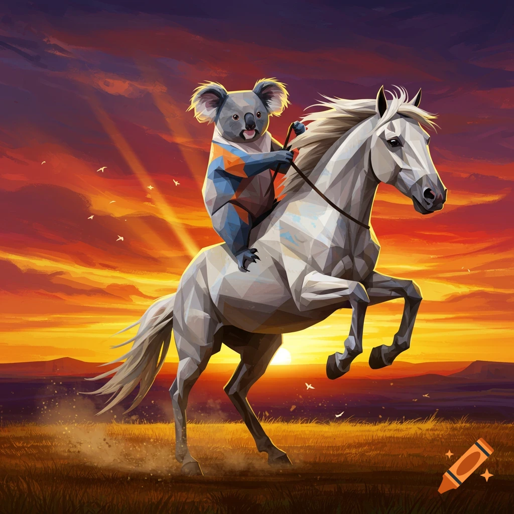 A cubist koala rides a white horse into an orange sunset over a field.