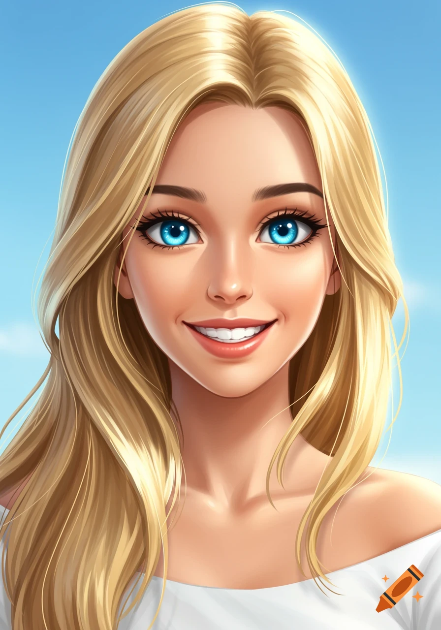 Anime portrait of a smiling young woman with long blonde hair and bright blue eyes against a blue sky.