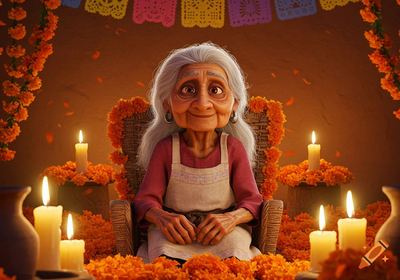 A cartoon character resembling Mama Coco sits in a wicker chair amidst vibrant orange marigolds and glowing candles, with festive banners.