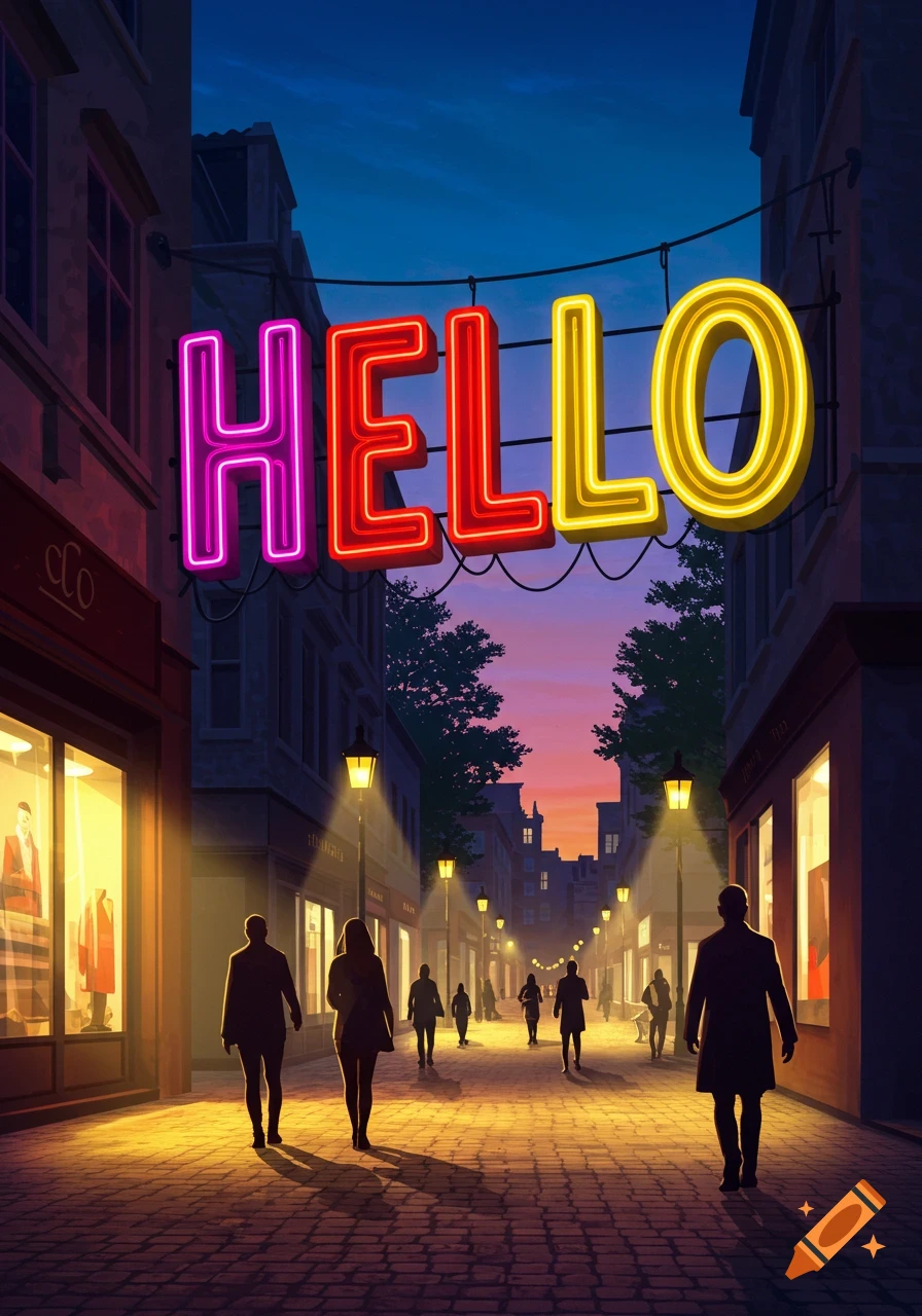A stylized illustration of a city street at night, with a vibrant neon sign saying 'HELLO' above people walking.