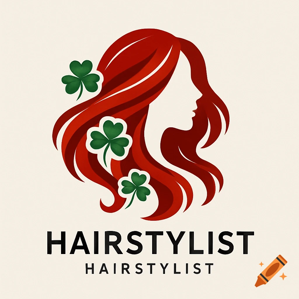 A minimalist logo features a woman's profile with flowing red hair adorned with green shamrocks, above the word 'HAIRSTYLIST' in bold black text.