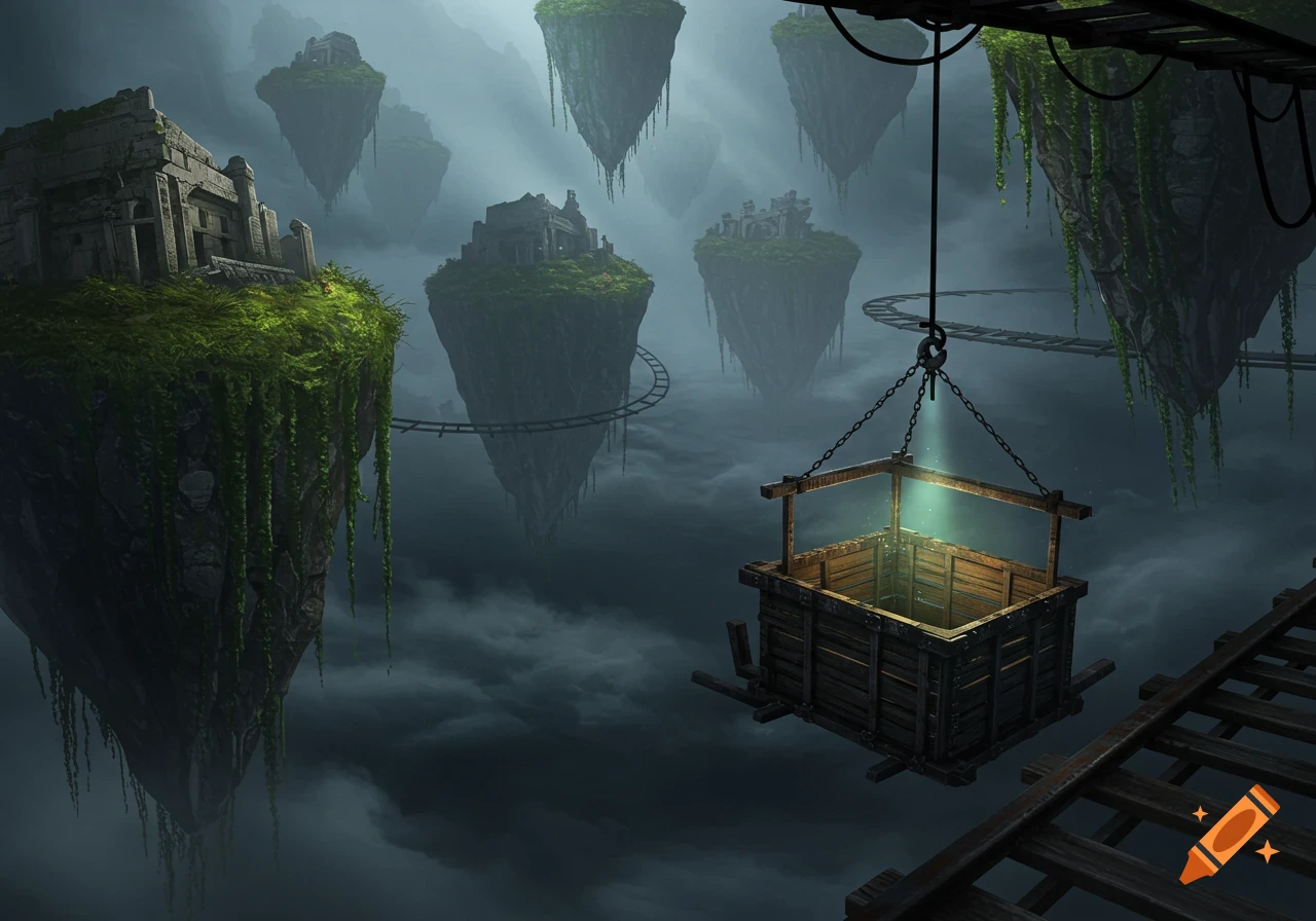 Dark fantasy landscape with floating islands, ancient ruins, and rail tracks. A glowing mining basket hangs from the rails.