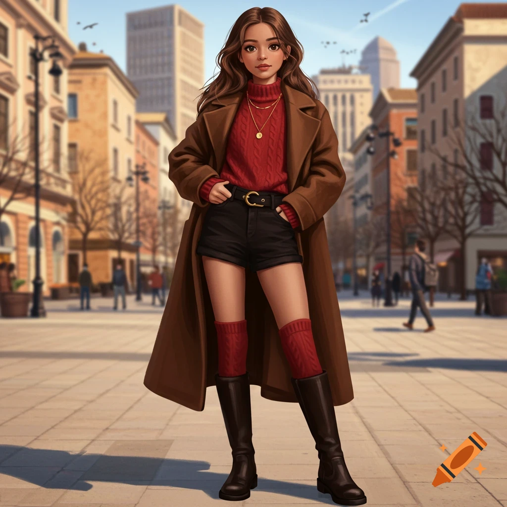 A young woman in a brown coat, red sweater, black shorts, and tall black boots stands in a city square, stylized art.