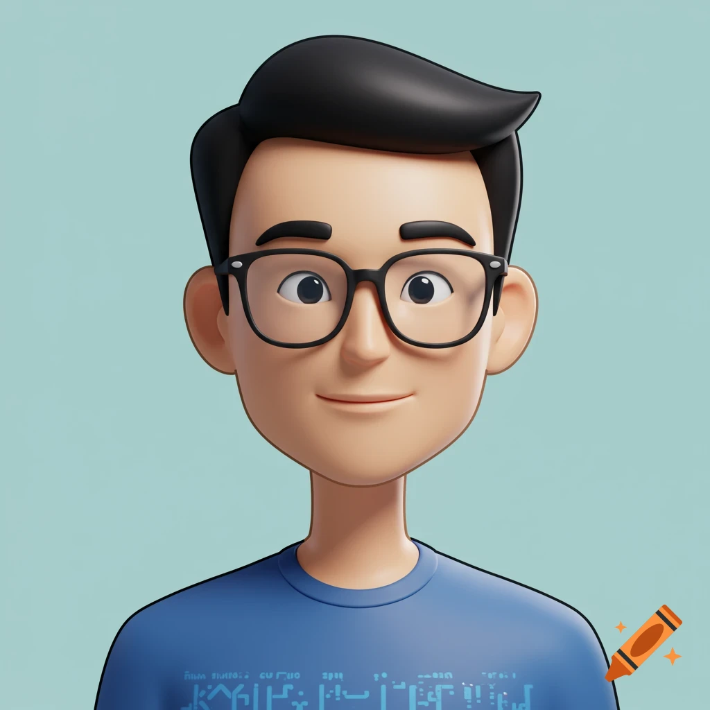 A cartoon portrait of an Asian man with black hair and glasses wearing a blue shirt.