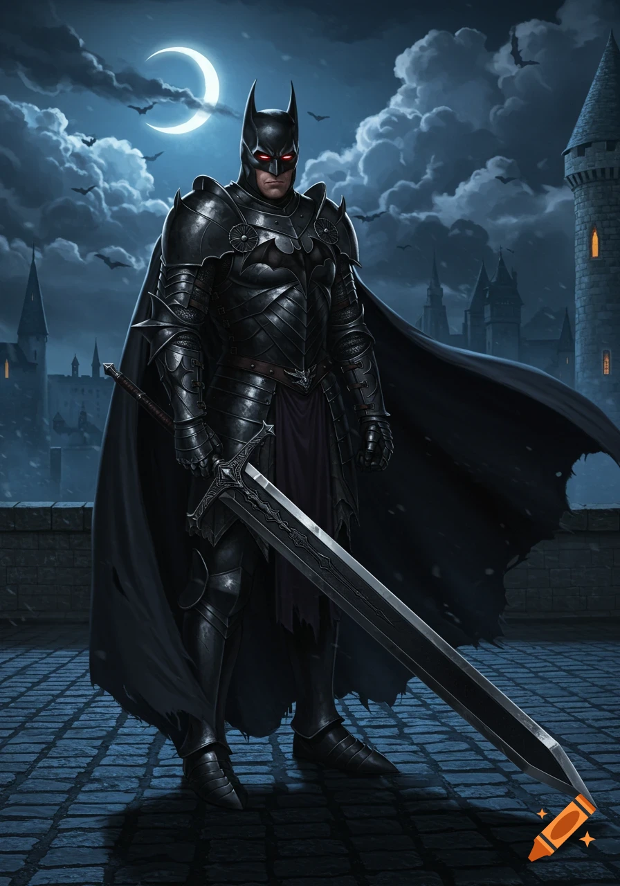 A medieval Batman in dark armor and a cape stands on a castle battlement, holding a large sword under a crescent moon with bats flying.