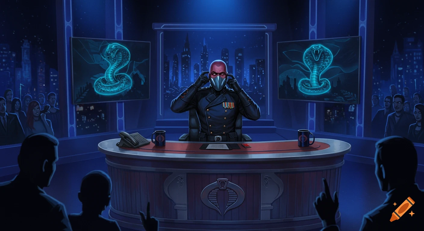 A red-masked Cobra Commander sits at a news desk with Cobra logos on screens and mugs, addressing an audience in a dark city skyline setting.