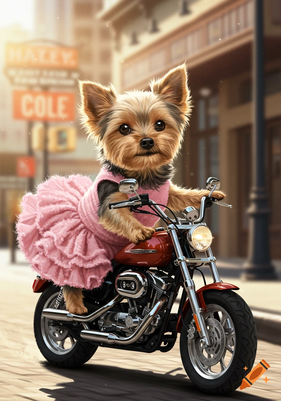 A small Yorkshire Terrier in a pink dress rides a red Harley-Davidson motorcycle down a sunlit city street.