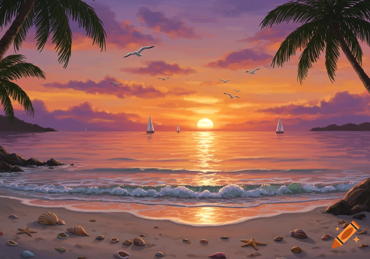 A vibrant, stylized illustration of a beach at sunset, with palm trees framing the scene, sailboats on the water, and seashells on the sand.