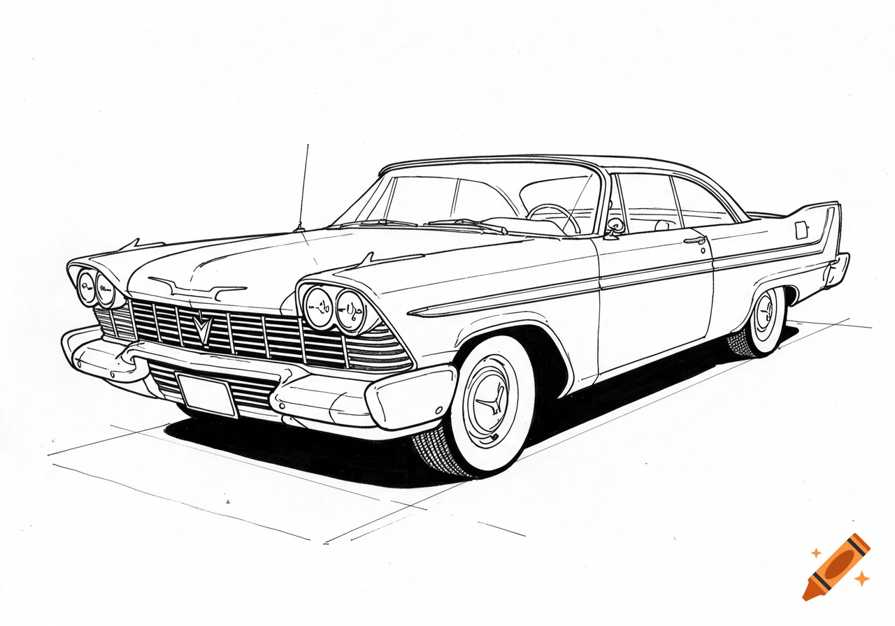 Black and white line art sketch of a 1957 Plymouth Fury car.