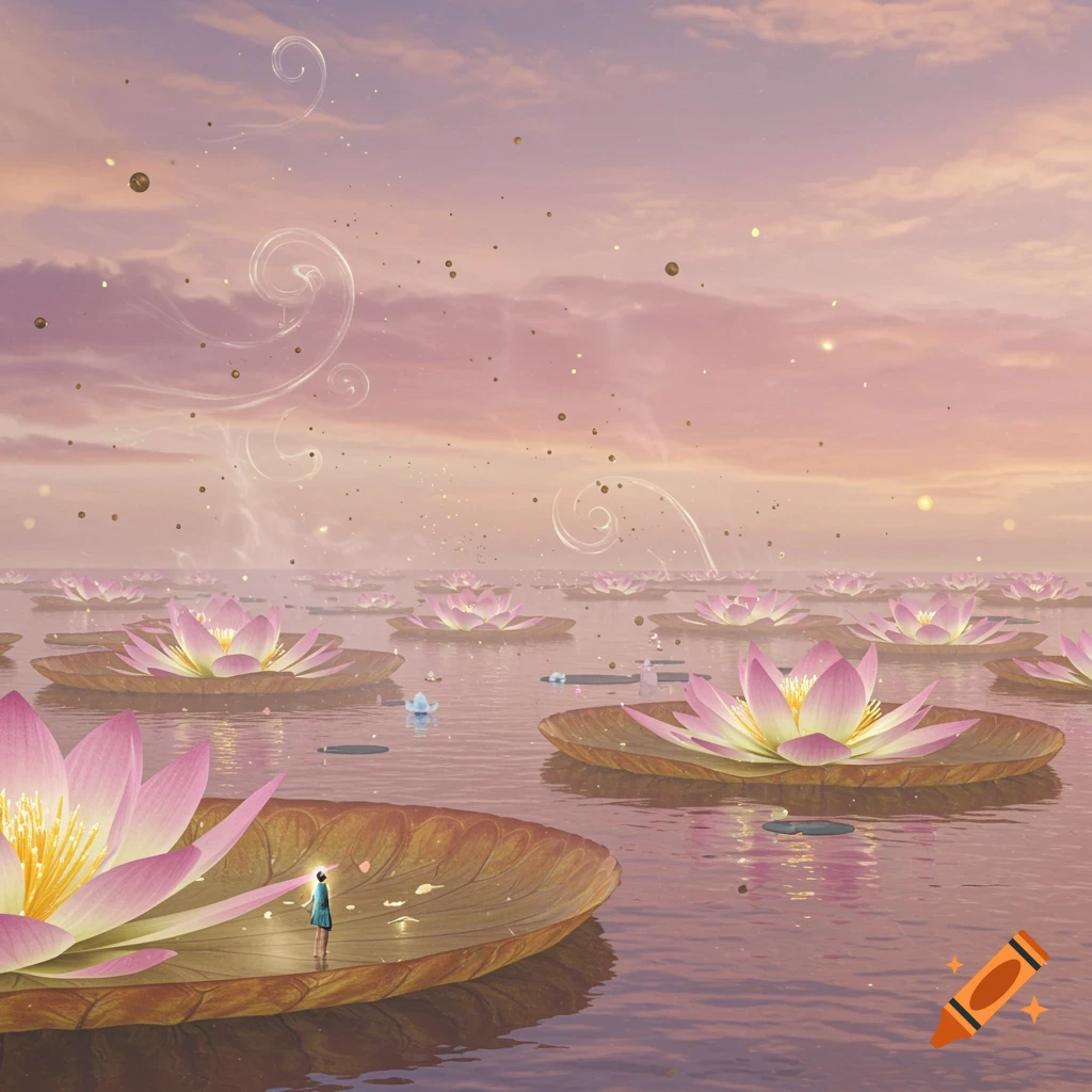 A small person stands on a giant lotus pad in a surreal lake filled with pink lotuses under a pastel sky with glowing dust.