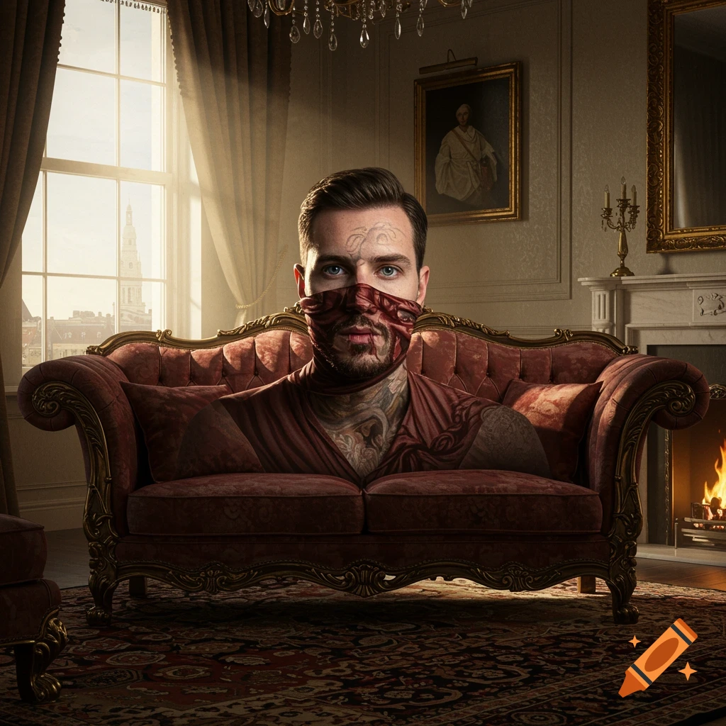 A man with a patterned face mask and tattooed chest melds seamlessly into a red velvet ornate sofa in a grand, sunlit room.