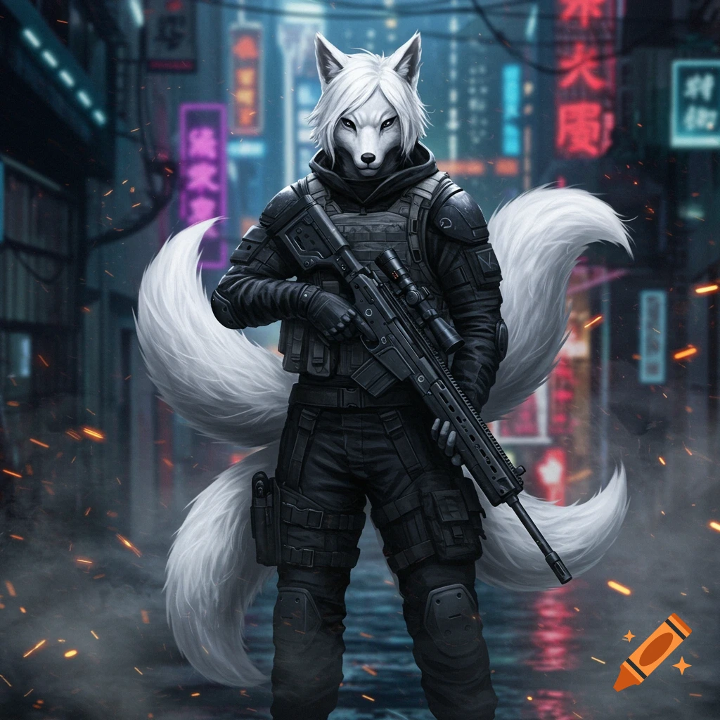 A white-furred kitsune in black tactical gear stands in a cyberpunk city alley, holding a sniper rifle.