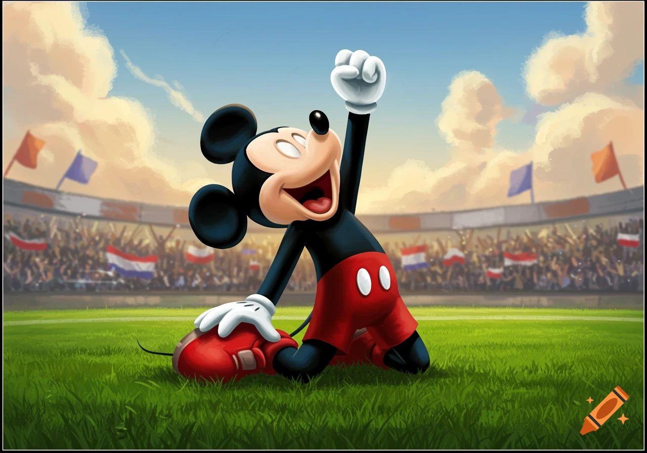 Mickey Mouse celebrates on a soccer field, sliding on his knees with one arm raised in a stadium full of cheering fans.