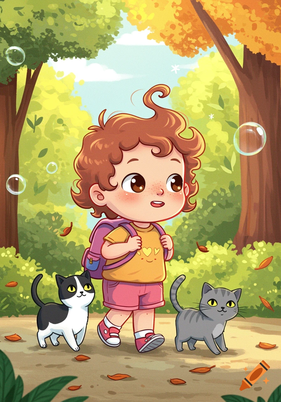 A cute cartoon child with a backpack walks on a path in a forest with two cats, one black and white, one gray, as bubbles float around them.
