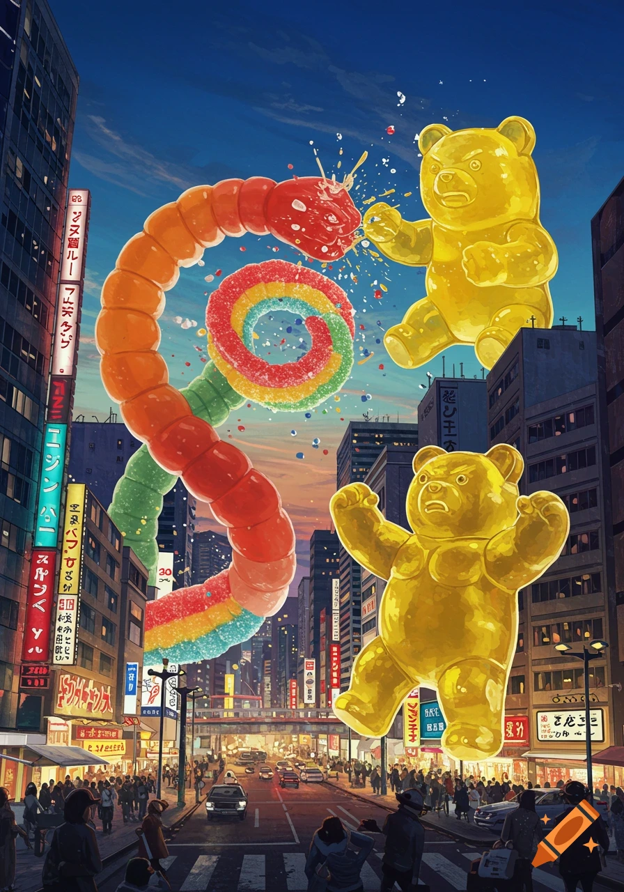 Giant gummy bears and a gummy worm monster battle in a vibrant Tokyo city street at dusk, with glowing signs and tiny people below.