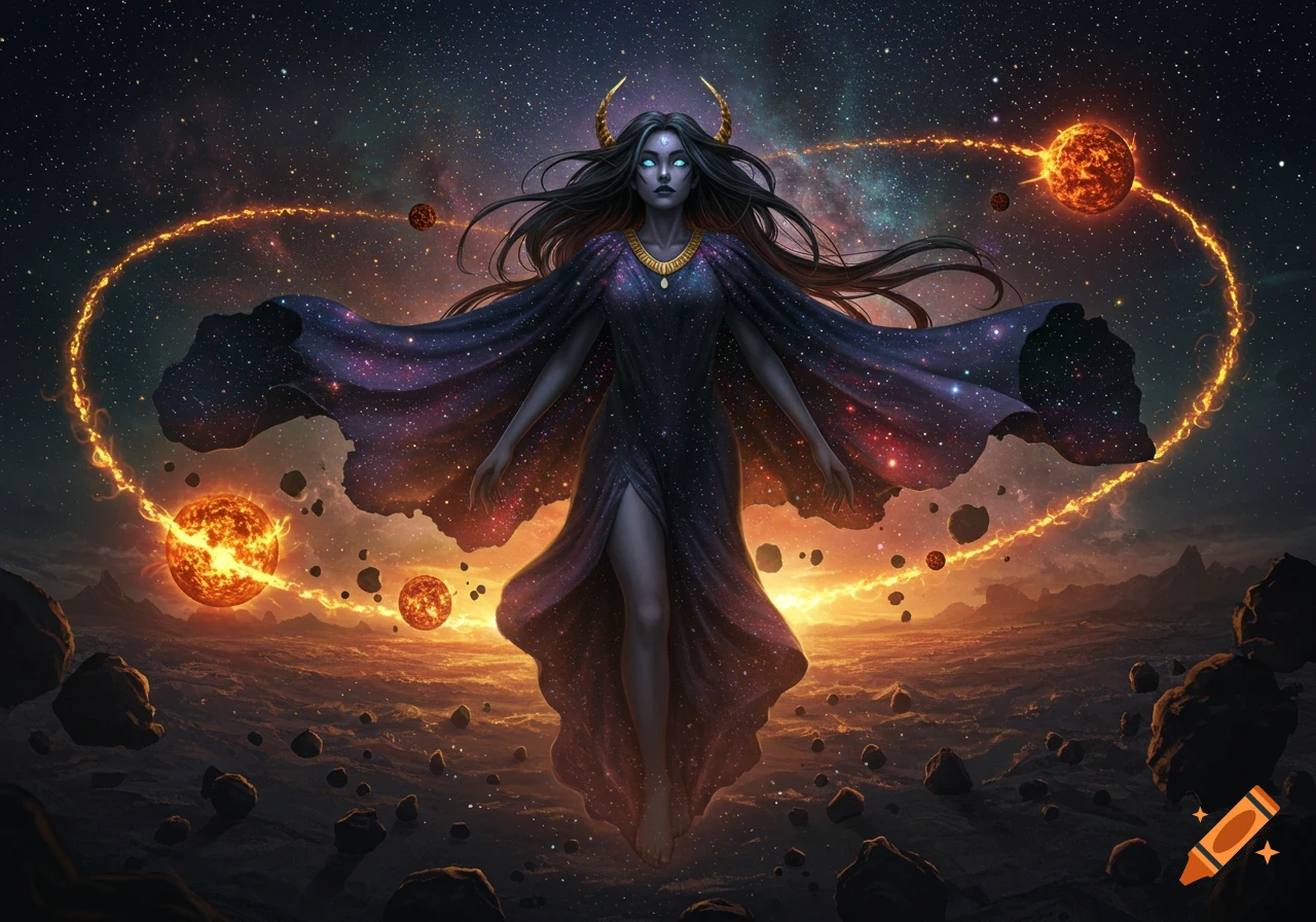 A dark goddess with glowing eyes and horns floats in space, wearing a star-filled cloak, surrounded by glowing suns and asteroids.