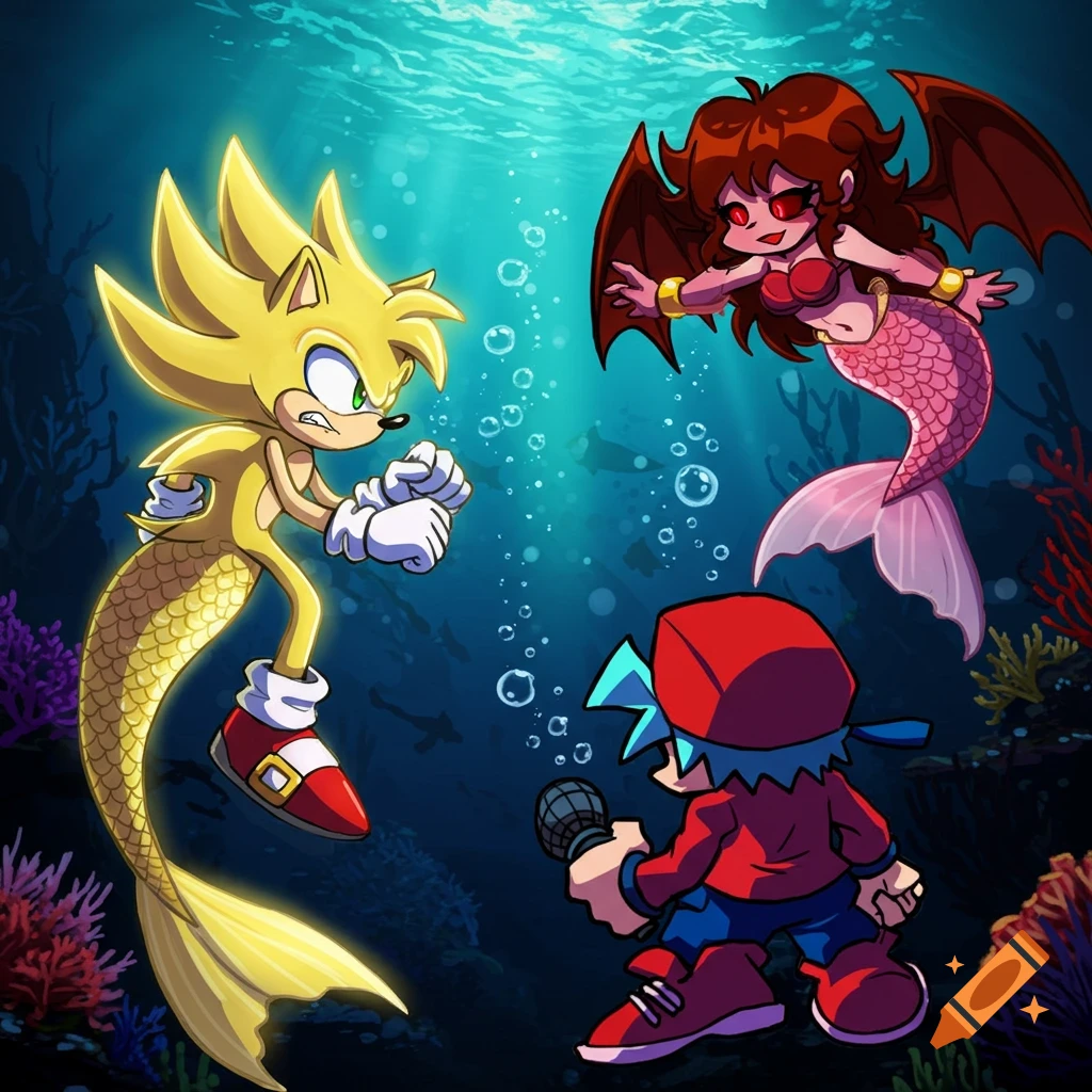 Cartoon characters underwater. Super Sonic as a mermaid faces a winged mermaid, while Boyfriend holds a microphone.